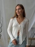 Women's Thin Knit Cardigan Sweater Ruffle Trim Tie Front Long Sleeve V Neck Viscose Blend Knitwear Elegant White Top Casual Outerwear