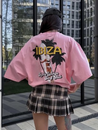 Women's Summer Loose Cotton Blend Oversized Short Sleeve T-Shirt With Vintage IBIZA Surf Club Print Pink Crew Neck Graphic Tee For Vacation Streetwear
