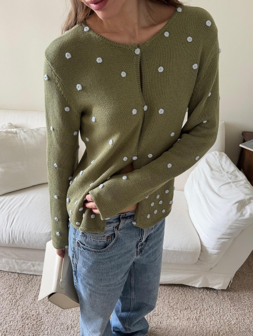 Women's Elegant Knitted Cardigan Cotton Blend Round Neck Long Sleeve Button Down Sweater Slim Fit Outerwear With 3D Flower Applique Casual Knitwear