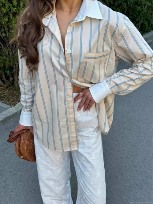 Women's Casual Striped Cotton Shirt Loose Button Down Blouse With Contrast White Collar Long Sleeve Spring Summer Western Style Top For Daily Vacation