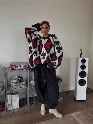 Women's Oversized Knitted Sweater Poker Card Heart Spade Print Argyle Crew Neck Long Sleeve Casual Streetwear Pullover Tops Warm Winter Fashion