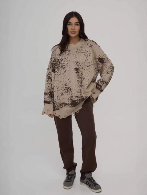 Women Vintage Oversized Distressed Knit Sweater Cotton Blend Round Neck Long Sleeve Pullover Streetwear Retro Graffiti Splash Ink Warm Jumper Top