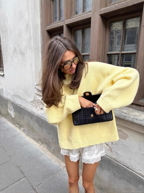 Women's Oversized Knit Sweater Pale Yellow Cotton Blend Letter Print Round Neck Pullover Casual Long Sleeve Streetwear Knitted Jumper Fashion Top