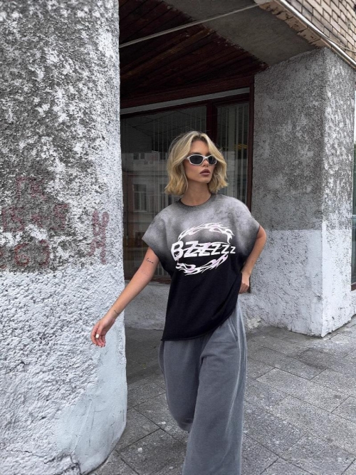 Women's Streetwear Heavyweight Cotton Sleeveless T-Shirt Vintage Gradient Tie-Dye Oversized Round Neck Tank Top Loose Retro Letter Print Pullover Tee For Summer Casual Daily Fashion