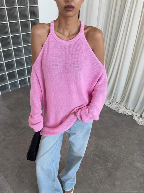 Women's Off-Shoulder Knitted Sweater Pink Cotton Blend Halter Neck Long Sleeve Pullover Autumn Winter Chic Loose Jumper Top