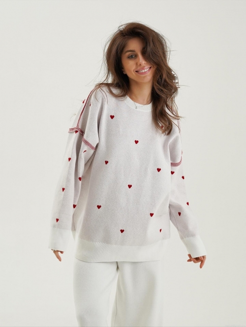 Women's Heart Pattern Knit Sweater Oversized Long Sleeve Crew Neck Pullover Top Casual Fall Winter Sweetheart Knitwear Streetwear Ladies Jumpers