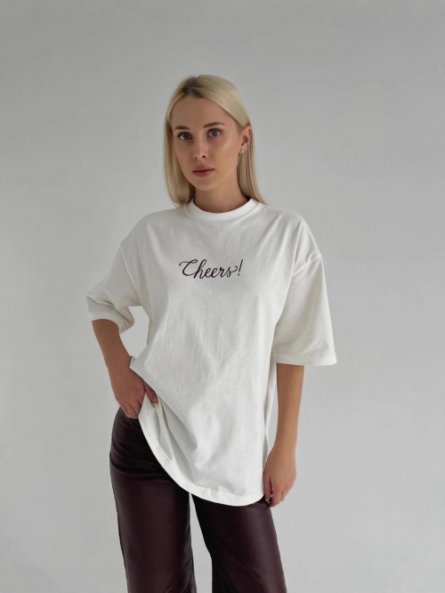 Women's Oversize Cotton Blend T-Shirt Casual Cheers Letter Print Short Sleeve Round Neck Top Summer Y2K Graphic Tee White