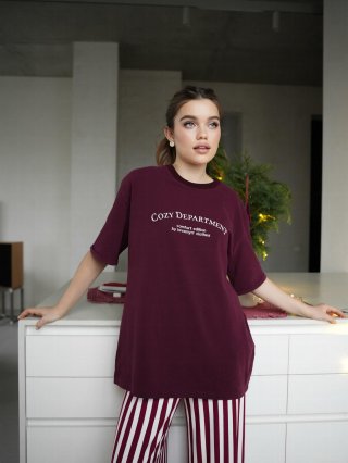 Women's Cotton Blend T-Shirt Oversized Letter Print Heavyweight Round Neck Short Sleeve Tee Bordeaux Red Streetwear Casual Loose Top For Women