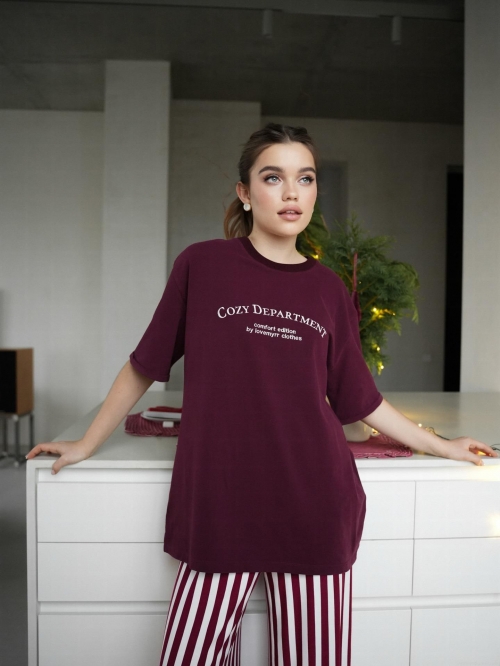 Women's Cotton Blend T-Shirt Oversized Letter Print Heavyweight Round Neck Short Sleeve Tee Bordeaux Red Streetwear Casual Loose Top For Women
