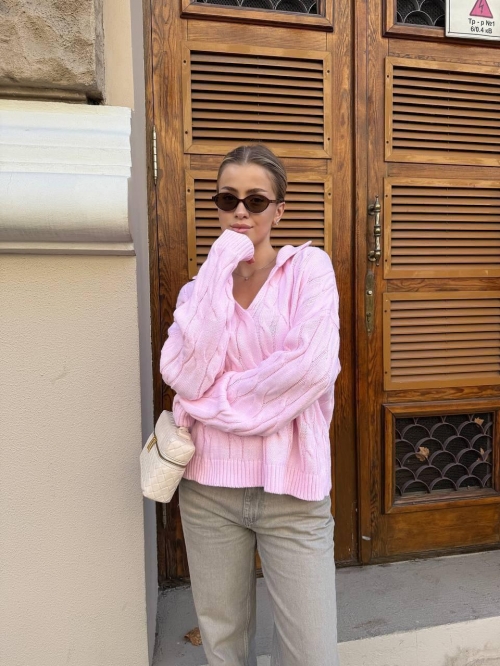 Women's Cable Knit Sweater Polo Collar V Neck Long Sleeve Loose Fit Cotton Polyester Knitted Pullover Top Casual Commute Streetwear For Women