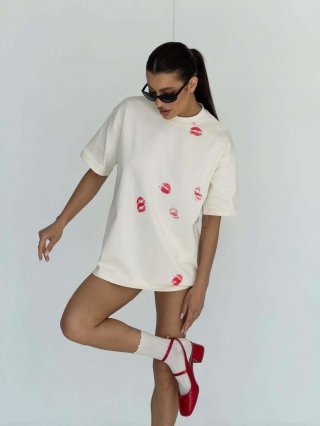 Women's American Street Style Red Lip Print T-Shirt 95% Cotton Short Sleeve Loose Round Neck Summer Top Sexy Spicy Girl Streetwear Casual Clothing