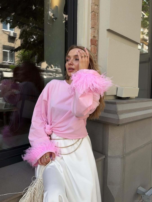 Women's Pink Cotton Blend Knitted T-Shirt Featuring Faux Feather Cuffs Detail Oversized Long Sleeve Round Neck Sexy Streetwear Top For Date Night Party Ladies Fashion Clothing