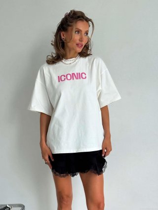 Women's Retro Oversized Cotton Blend T-Shirt With Pink ICONIC Letter Print Round Neck Short Sleeve Streetwear Casual Top For Summer Daily Outdoor