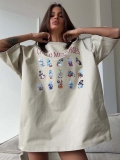 Women's Oversized Cotton Blend T-Shirt Retro Cartoon Hippo Print Short Sleeve Drop Shoulder Round Neck Summer Casual Loose Streetwear Top