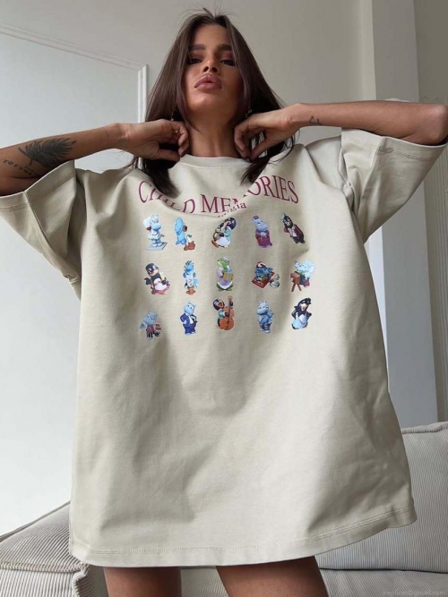 Women's Oversized Cotton Blend T-Shirt Retro Cartoon Hippo Print Short Sleeve Drop Shoulder Round Neck Summer Casual Loose Streetwear Top