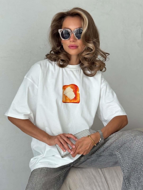 Women's Casual Cotton Blend Bread Print T-Shirt Retro American Style Drop Shoulder Round Neck Short Sleeve Graphic Tee Summer Top