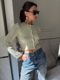 Women's Hollow Out Pointelle Knitted Cardigan Round Neck Long Sleeve Cropped Sweater Cotton Blend Single Breasted Slim Fit Streetwear Top