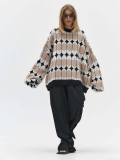 Women's Loose Oversized Knit Sweater Cotton Blend Geometric Argyle Pattern Pullover Round Neck Long Sleeve Warm Knitwear For Autumn Winter Streetwear