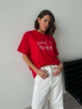 Women's Oversized Red T-Shirt Love Is Power Slogan Print Crew Neck Short Sleeve Loose Cotton Blend Drop Shoulder Streetwear Summer Tee Top