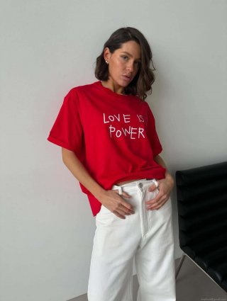 Women's Oversized Red T-Shirt Love Is Power Slogan Print Crew Neck Short Sleeve Loose Cotton Blend Drop Shoulder Streetwear Summer Tee Top
