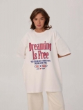 Women's Oversized T-Shirt Cotton Blend Short Sleeve Drop Shoulder Graphic Tee American Retro Dreaming Is Free Letter Print Loose Fit Summer Top