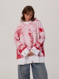 Women Oversized Distressed Knit Sweater 80% Cotton Ink Splatter Round Neck Long Sleeve Pullover Frayed Hem Streetwear Loose Casual Fashion Jumper