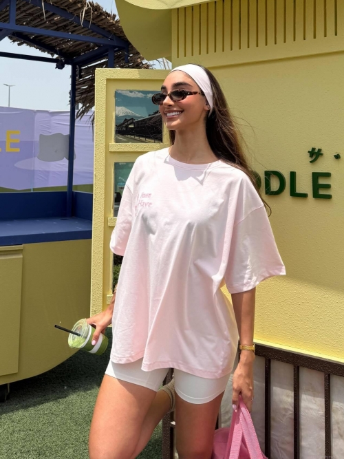 Women's Summer Pink Oversized T-Shirt With Cotton Blend Material Drop Shoulder Short Sleeve Crew Neck Letter Print Casual Spicy Girl Style Top