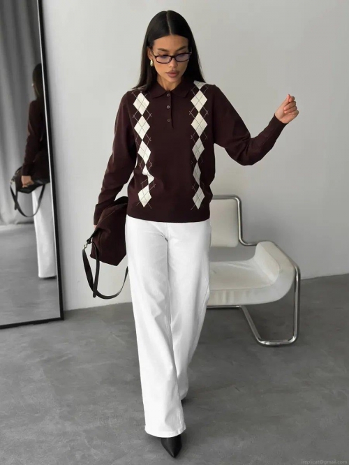 Women's Argyle Knit Polo Sweater Cotton Blend Long Sleeve Pullover Slim Fit Old Money Style Preppy Knitwear Top For Autumn Winter Casual Daily Wear