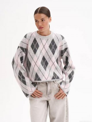 Women Vintage Argyle Knit Sweater Cotton Blend Round Neck Long Sleeve Color Block Pullover Loose Casual Preppy Style Ladies Knitwear Top