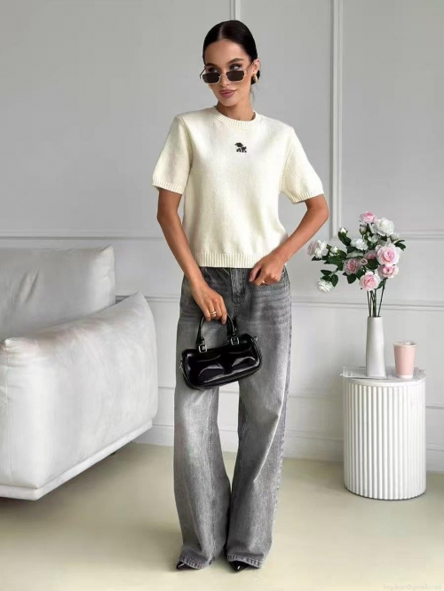 Women's Casual Knit Short Sleeve Top Round Neck Slim Fit Dog Embroidery Cotton Blend T-Shirt Summer Spring Fashion Streetwear Knitwear