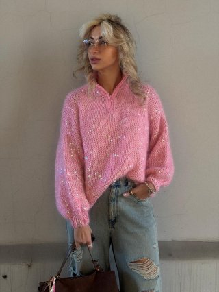 Women's Casual Pink Sequin Knit Sweater Half Zipper Pullover Loose Long Sleeve Soft Warm Cotton Blend Knitwear For Autumn Winter