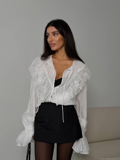 Women's French Style Lace Ruffle Blouse V Neck Tie Front Long Trumpet Sleeve Polyester Elegant White Loose Shirt For Spring Autumn Top