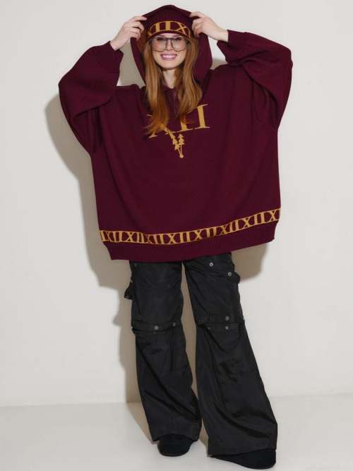 Women's Hooded Sweater Knitted Cotton Blend Warm Thick Pullover Daily Outdoor Streetwear Oversized Fashion For Lady Winter Jacquard XII Roman Numeral Loose Fit Top