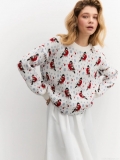 Women's Winter Jacquard Knit Sweater Elegant Red Bird Snowflake Pattern Pullover Loose Fit Core Spun Yarn Long Sleeve Crew Neck Casual Warm Winter Jumper Top