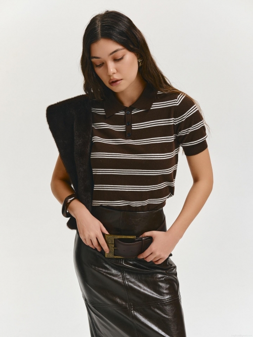 Women's American Vintage Striped Knit Polo Shirt Drop Shoulder Short Sleeve Lapel Button Tee Cotton Blend Summer Casual Top