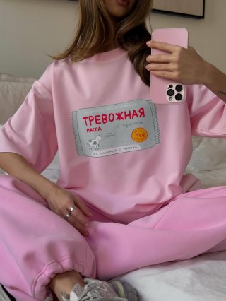 Women's Pink Cotton Graphic T-Shirt Loose Drop Shoulder Short Sleeve Top Casual Russian Style Milk Label Print Comfortable Streetwear For Summer Daily