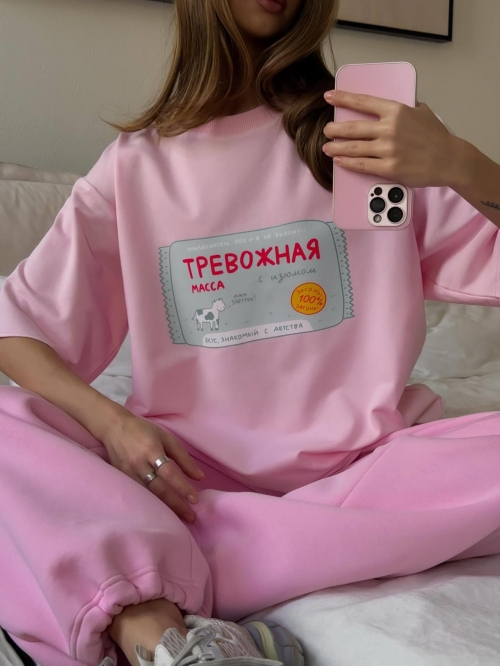 Women's Pink Cotton Graphic T-Shirt Loose Drop Shoulder Short Sleeve Top Casual Russian Style Milk Label Print Comfortable Streetwear For Summer Daily
