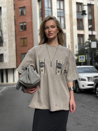 Women's Oversized 100% Cotton T-Shirt Distressed Ripped Washed Dollar Print Streetwear Retro Short Sleeve Tee Top For Summer Daily Wear