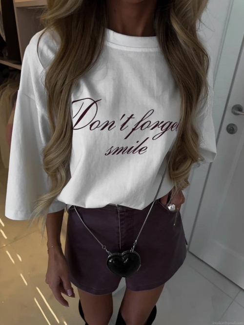 Women's 100% Cotton Letter Print T-Shirt Don't Forget Smile Round Neck Short Sleeve Loose Fit Summer Casual Streetwear Top