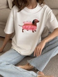 Women's Oversized White Cotton T-Shirt Funny Cute Cartoon Dachshund Hot Dog Print Short Sleeve Crewneck Loose Summer Graphic Tee Top for Women
