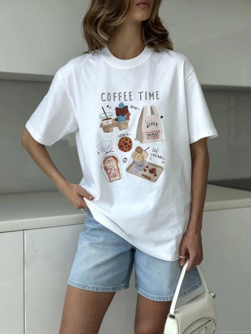 Women's Cute Cartoon Bear Coffee Graphic Print Cotton Blend T-Shirt Round Neck Short Sleeve Loose Fit Casual Summer Streetwear Tee Top White