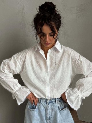 Women's 100% Cotton White Swiss Dot Blouse Long Sleeve Button Down Shirt with Lace Cuff Flare Sleeves Casual Elegant Tops for Spring Autumn