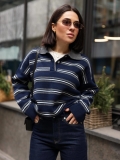 Women's Striped Knit Sweater Polo Collar Long Sleeve Casual Loose Pullover Top Cotton Blend Retro Commuting Style Ladies Jumper