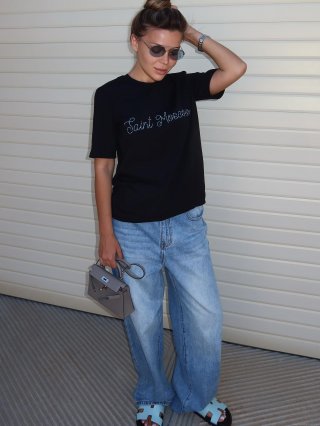 Women's Oversized Black T-Shirt Cotton Blend Letter Embroidery Short Sleeve Top Casual Streetwear Round Neck Tee For Women