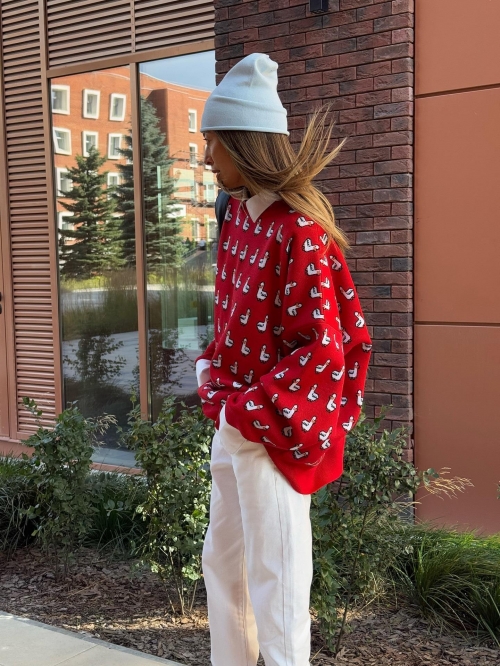 Women's Red Round Neck Knit Sweater Chic Loose Fit Jacquard White Goose Pattern Pullover Cotton Blend Long Sleeve Jumper For Autumn Winter Casual Streetwear
