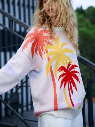 Women's Oversized Knit Sweater Cotton Blend Coconut Tree Jacquard Pullover Contrast Color Long Sleeve Crewneck Jumper Lazy Style Autumn Winter Fashion Tops