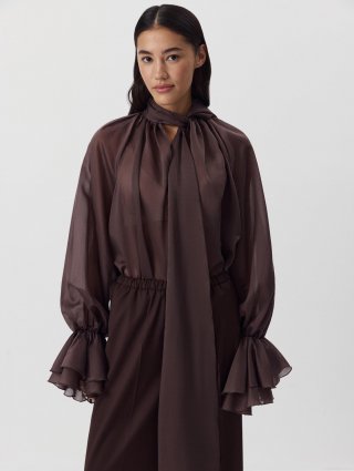 Women's Sheer Organza Flare Sleeve Blouse Elegant Bow Tie Neck Loose Transparent Shirt Vintage Ruffle Cuff Top for Party Streetwear