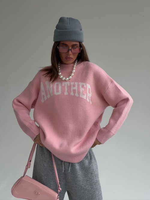 Women's Oversized Pink Knit Sweater Cotton Blend Crew Neck Letter ANOTHER Jacquard Pullover Long Sleeve Casual Autumn Winter Loose Jumper Top