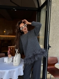 Elegant Grey Feather Hem Knitted Sweater Women Loose Round Neck Long Sleeve Pullover Top Autumn Winter Soft Cotton Blend Jumper Commuter Style