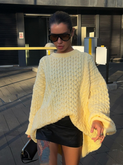Women's Retro Cable Knit Sweater Loose Oversized Round Neck Long Sleeve Pullover Cotton Blend Autumn Winter Casual Knitwear Top